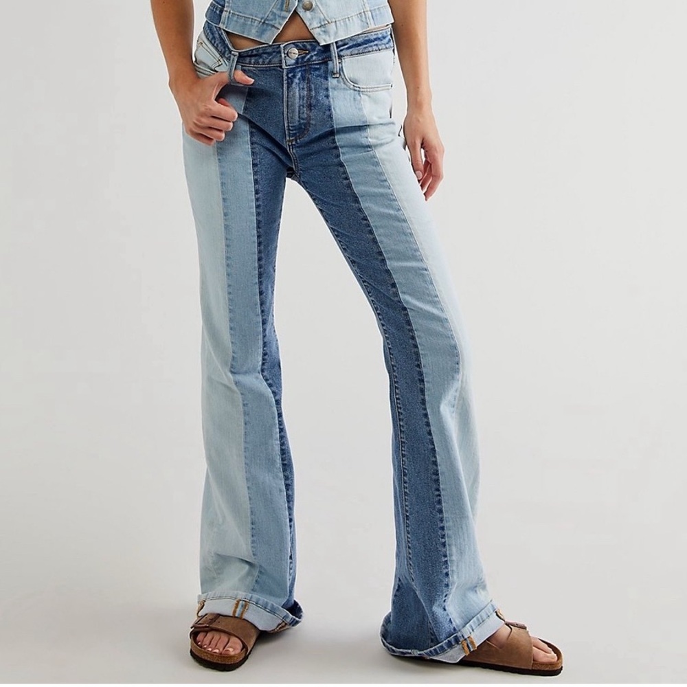 Free People‎ Driftwood Denim Patchwork Colorblock Jeans Flare Blue Small FLAWED